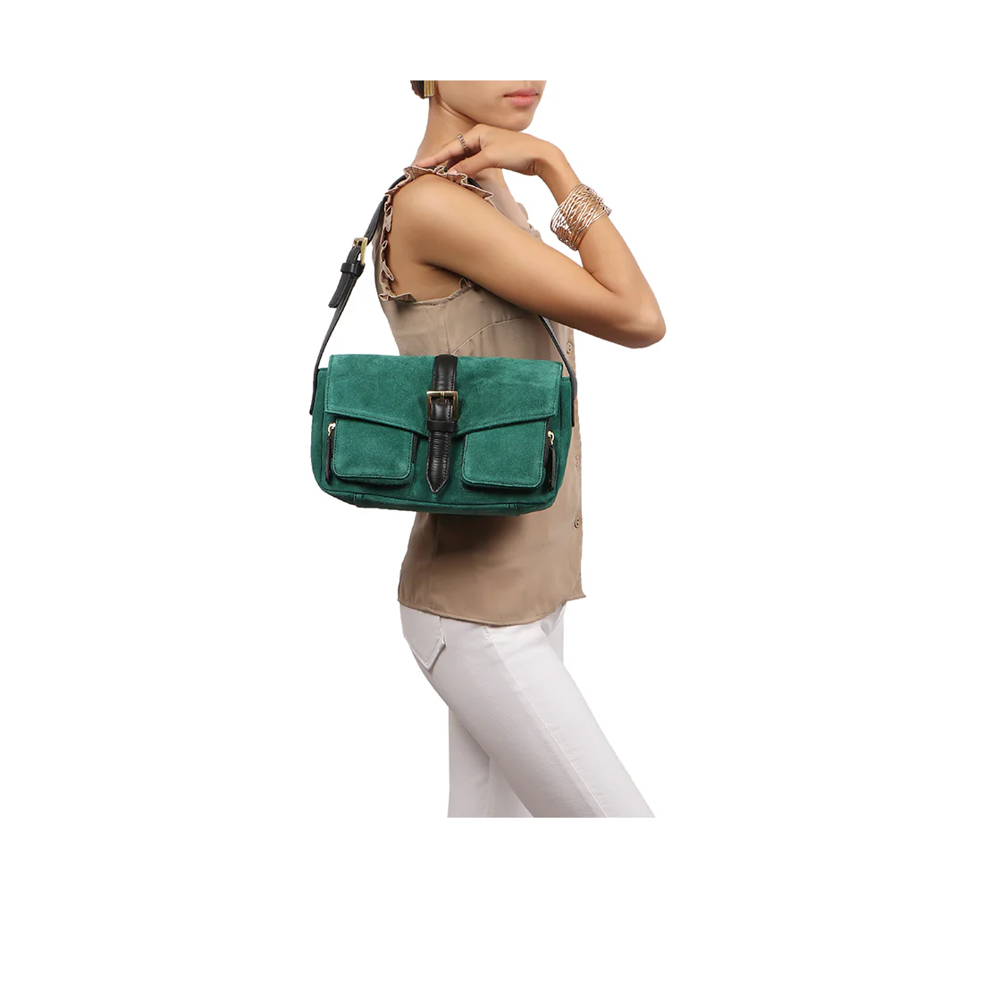 Amy 02 Green Leather Baguette