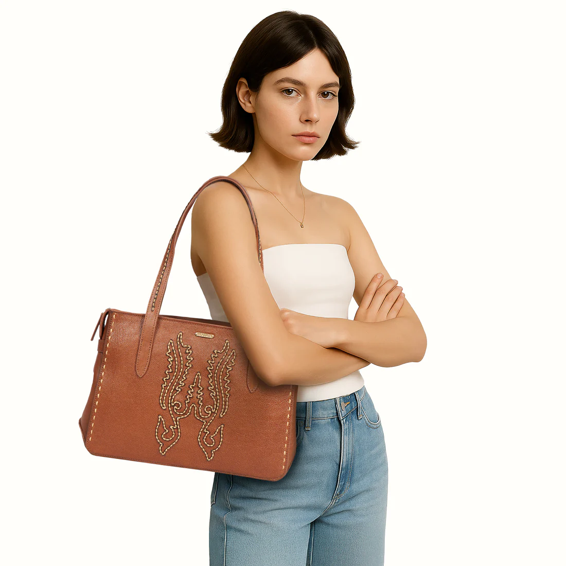 Aztec 02 Orange Leather Tote Bag - Image 2