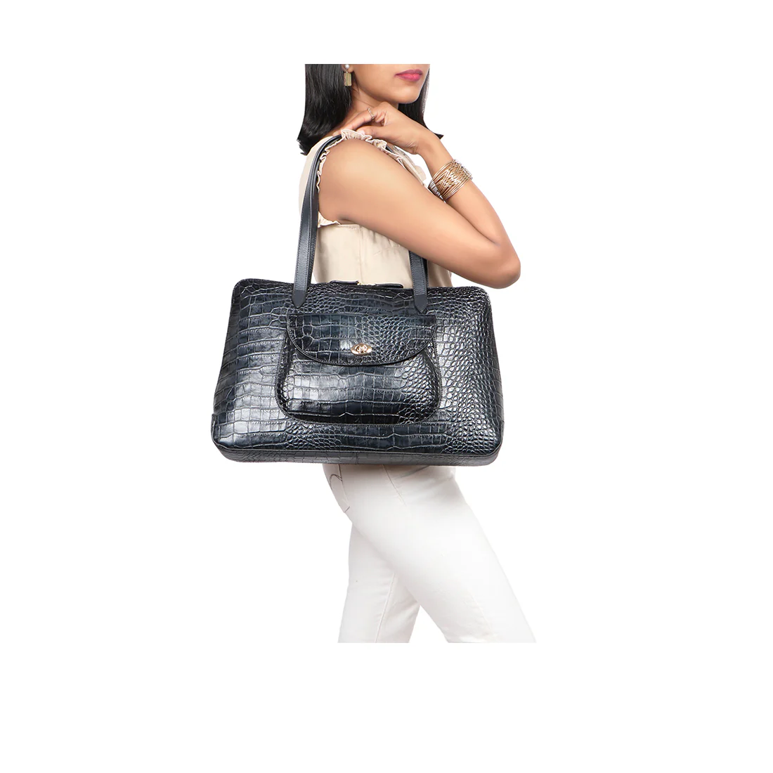 Croco 02 Blue Leather Tote Bag - Image 5