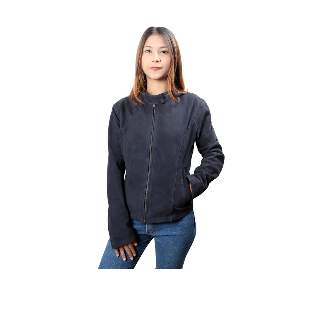 Lizzo Women's Blue Bomber Style Leather Jacket